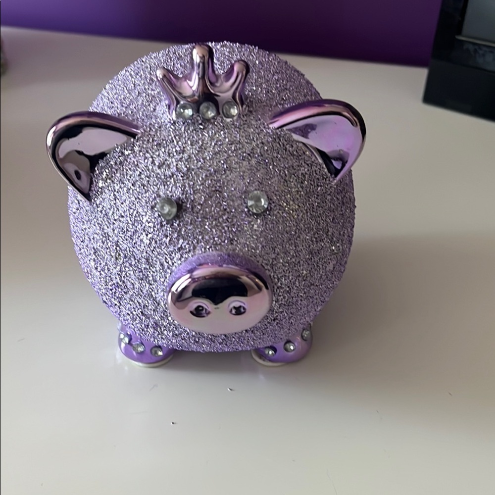 Purple Glitter Piggy Bank with Crown
